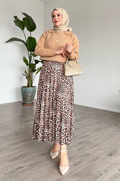 InStyle Fusta bej plisată cu model leopard