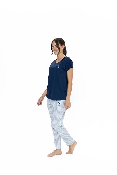 U.S. Polo Assn. Costum de pijama din bumbac pieptănat pentru femei Polo cu decolteu în V, 100% bumbac, de sus și de jos