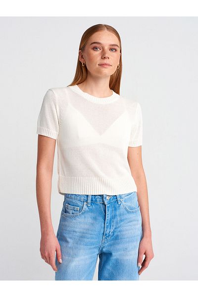 Dilvin 10718 Crew Neck Thin Textured Knitwear Blouse-Ecru