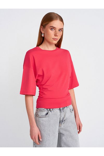 Dilvin 31610 Drawstring Waist Crew Neck T-Shirt-A.Red