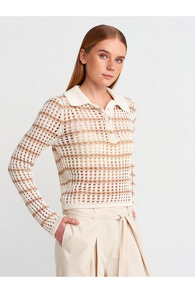Dilvin 10724 Polo Neck Openwork Buttoned Knitwear Sweater-Ecru-Beige