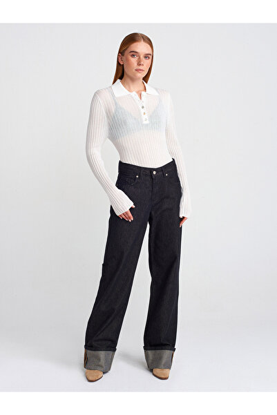 Dilvin 10722 Polo Neck Buttoned Thin Knitwear Sweater-Ecru