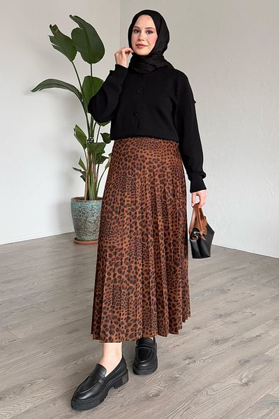 InStyle Fusta maro plisată cu model leopard