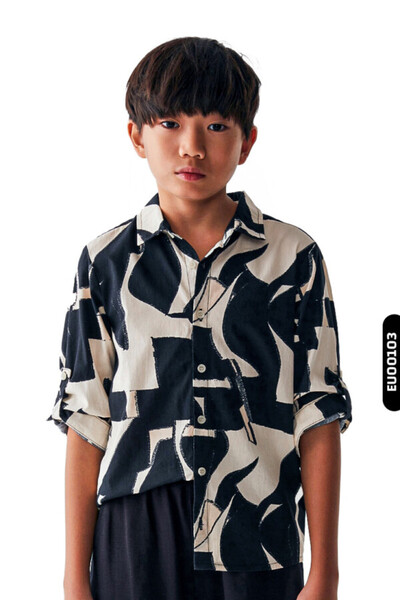 nk kids Buttoned Polo Collar Suit Sleeves Aıtma Patterned Boy's Shirt 8-14 Years 46326