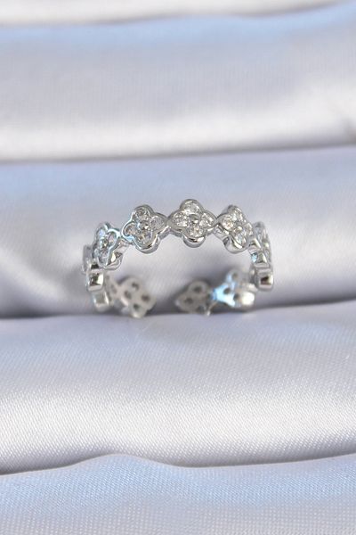 NEZADE STORE Brass Silver Color Zircon Stone Clover Model Women's Ring - Lisinya