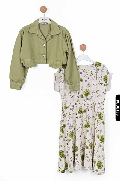 nk kids Green Girl's Set - Floral Pattern, Buttoned and Drawstring Sleeves 8-14 Years 36704-76303