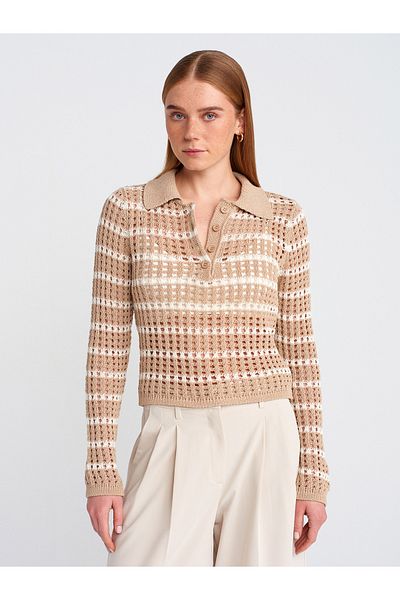Dilvin 10724 Polo Neck Openwork Buttoned Knitwear Sweater-Beige-Ecru