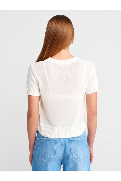 Dilvin 10718 Crew Neck Thin Textured Knitwear Blouse-Ecru