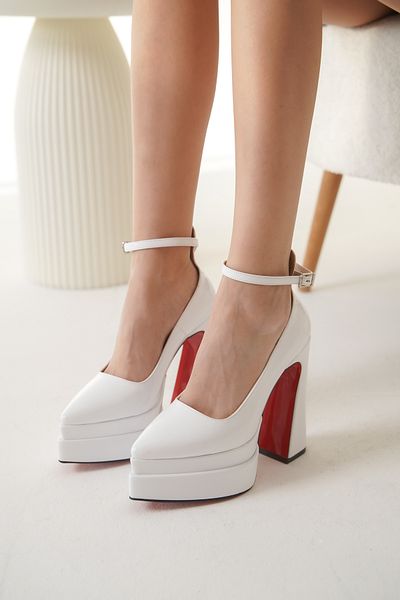 Ayakkabı Ateşi Pantofi de dama cu platforma dubla din piele lacuita alba cu design special Rigels