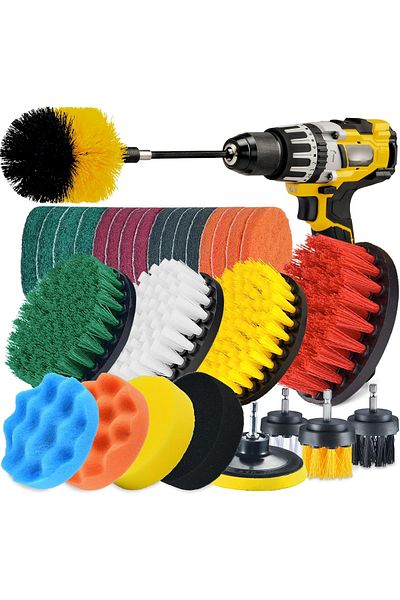 COOYA 37 Pcs Drill Brush Attachments Set, Scrub Pads/Tile Sponge,with Long Extension