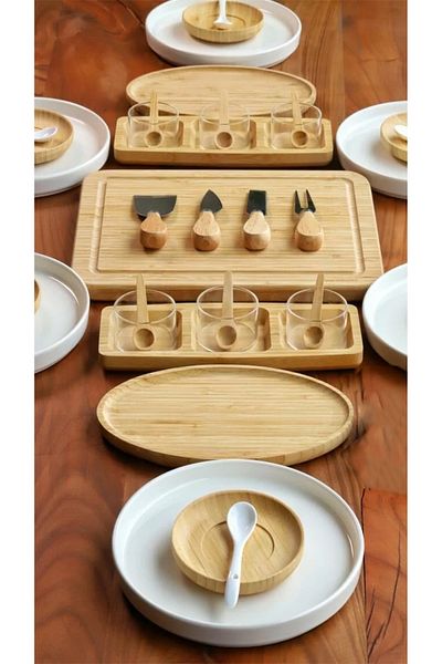 Bambum Atbyhome 6-Person 42 Piece Ceramic - Bamboo Breakfast Set - Luxury Breakfast Presentation Set