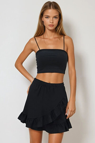 VAGGON Women's Black Elastic Waist Skirt Flounce Skirt Prmxx11862