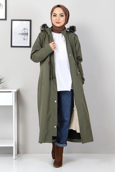 Tesettür Dünyası Taillengeschnürter Mantel Tsd1932 Khaki