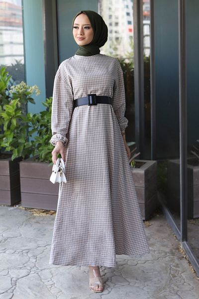 Tesettür Dünyası Kariertes Kleid Tsd220542 Creme
