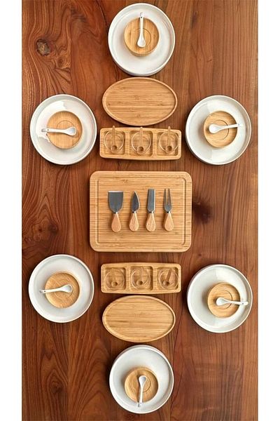 Bambum Atbyhome 6-Person 42 Piece Ceramic - Bamboo Breakfast Set - Luxury Breakfast Presentation Set