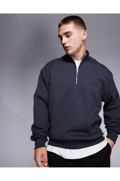 YAKAMEL Hanorac pentru bărbați, cu jumătate de fermoar, Basic Oversize, cu gu...