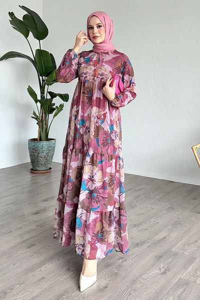 InStyle Placket Patterned Chiffon Pink Dress