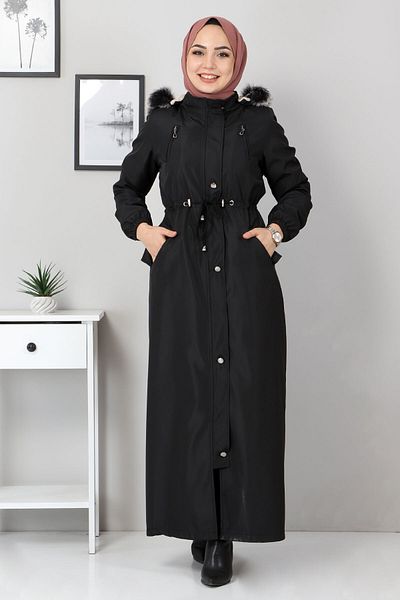 Tesettür Dünyası Taillen-Schnürkappenmantel Tsd1936 Schwarz