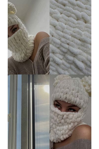 BurDen Dekoratif Ürünler & Tasarım Stylish White Puffy Balaclava, Soft, Beanie And Neck Collar Design, Hat, Winter, Beanie, balaclava