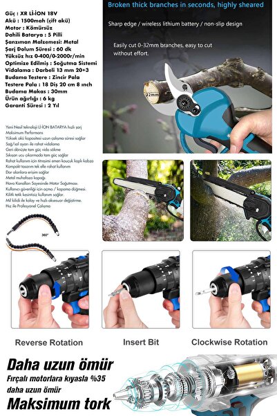 ASSUR 3 Lü Set Kömürsüz Motor Şarjlı Budama Testeresi Şarjlı Budama Makası Şarjlı Matkap