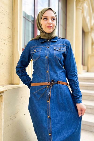 Tesettür Dünyası Bőr öves farmer ruha Tsd220838 Sötétkék