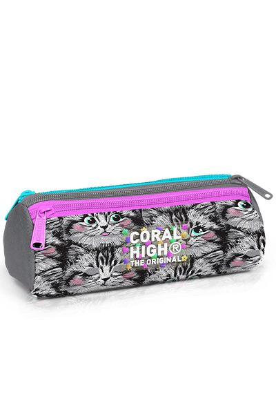 Coral High Παιδική τσάντα μολυβιού τριών τμημάτων με μοτίβο γκρι γάτας 11165