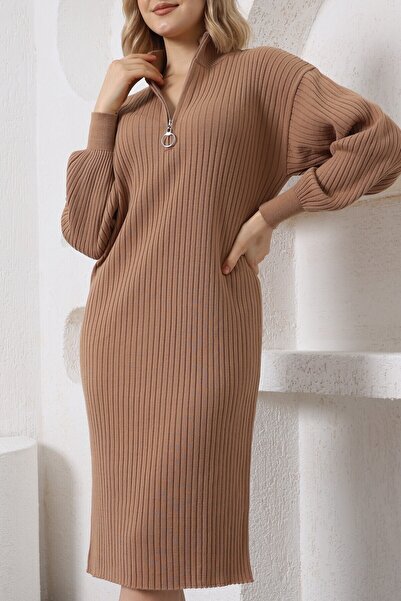 VEGENZE Kadın Kamel Fermuarlı Yarım Balıkçı Uzun Triko Elbise