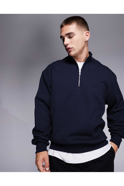 YAKAMEL Hanorac pentru bărbați, cu jumătate de fermoar, Basic Oversize, cu gu...