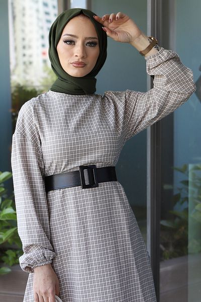 Tesettür Dünyası Kariertes Kleid Tsd220542 Creme