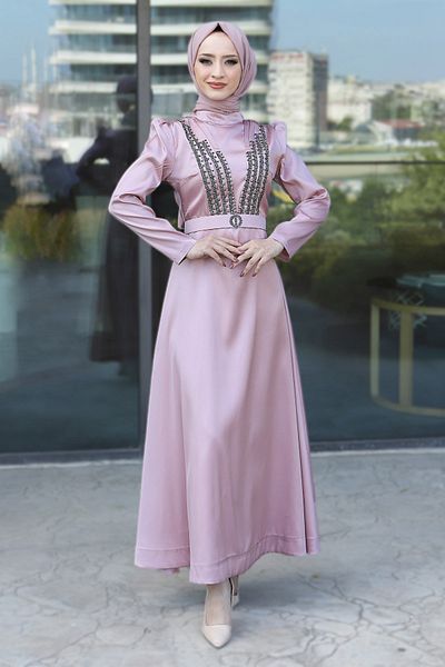 Tesettür Dünyası Gürtel Detailliertes Abendkleid Tsd220543 Pulver