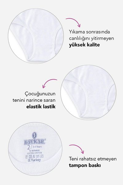 BAYKAR Bikini pentru fete din bumbac organic, cu tăietură simplă, chiloți cu nervuri de bază, pachet de 3 5201 alb