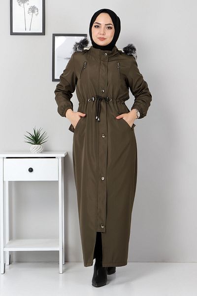 Tesettür Dünyası Sznurowany płaszcz z kapturem Tsd1936 Khaki