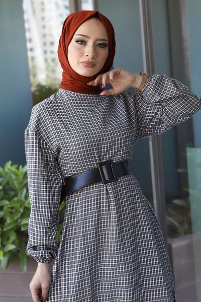 Tesettür Dünyası Plaid Dress Tsd220542 Gray
