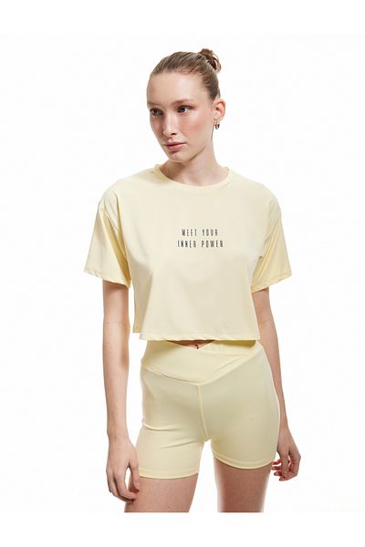 Koton Slogan Print Short Sleeve Crew Neck Sports Crop T-Shirt