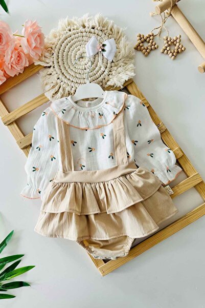 Minigimin Cicileri Beige Colorful Flowers of My Toddler Floral Print Cotton Baby Girl Romper and Jumpsuit Set