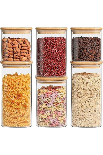 AKDC Set of 6 Square Glass Jars (2x500ML + 2x1000ML + 2x1500ML) with Airtight Bamboo Lids