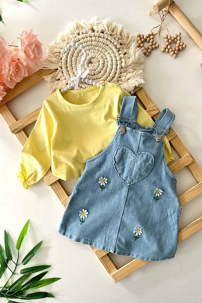 Minigimin Cicileri Yellow My Little One's Cicileri Kids Suit Daisy Embroidered Jeans Gilet 2 Piece