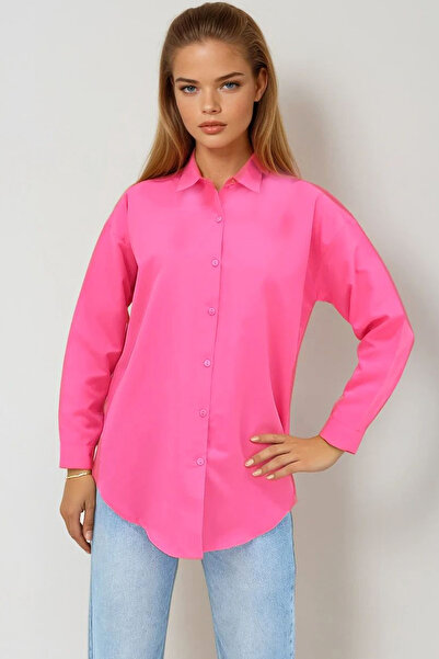 VAGGON Women's Fuchsia Oversize Long Woven Shirt Urtx6828