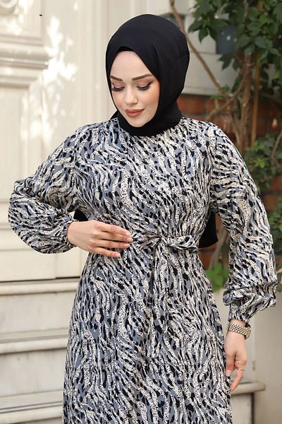Tesettür Dünyası Φόρεμα Hijab με ελαστικό μανίκι με σχέδιο Zebra Tsd240322