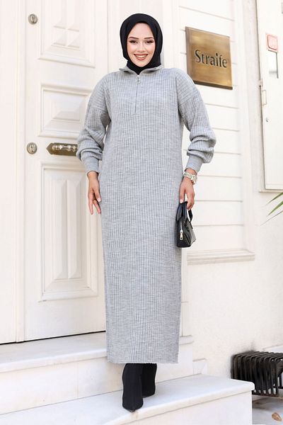 Tesettür Dünyası Gray Knitwear Dress - Half Zipper TSD 240715