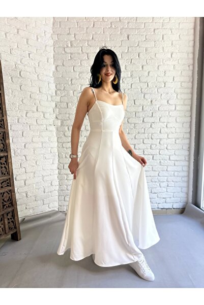 moneta boutique Λευκό λεπτό λουράκι μακρύ γυναικείο φόρεμα