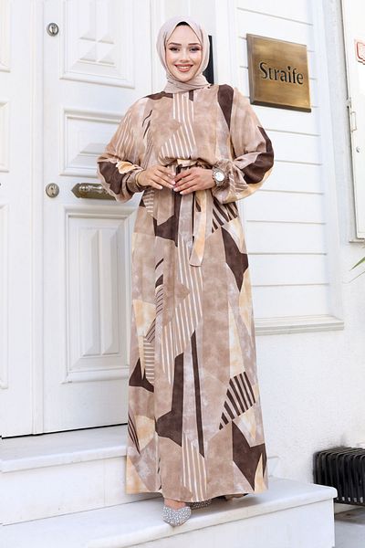 Tesettür Dünyası Γεωμετρικό Φόρεμα Viscose Belted - TSD240712 Καφέ