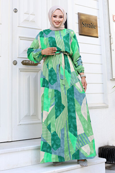 Tesettür Dünyası Μακρύ μοντέρνο φόρεμα με γεωμετρικό σχέδιο με ζώνη μέσης από βισκόζη TSD240712 Πράσινο