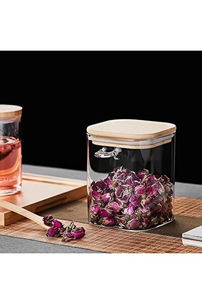 AKDC Pack of 3 Rectangular Glass Jars (500ML) with Wooden Lids & Spoon Airtight