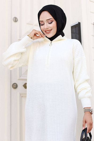 Tesettür Dünyası Ecru Knitwear Dress - Half Zipper TSD 240715