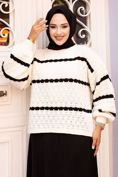 Tesettür Dünyası Ecru Knitwear Tunic - Houndstooth Patterned and Striped TSD240707