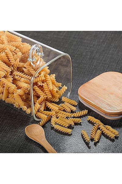 AKDC Pack of 3 Rectangular Glass Jars (800ML) with Wooden Lids & Spoon – Airtight  Containers