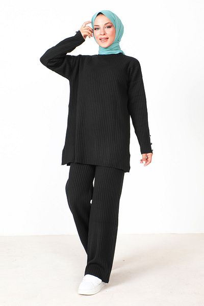 Tesettür Dünyası Buttoned Sleeve Knitwear Suit TSD230801 Black