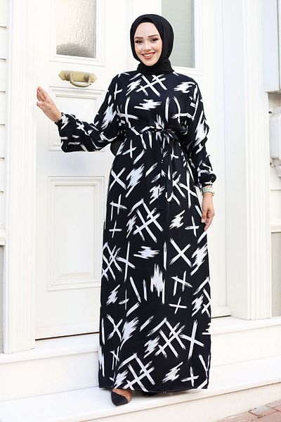Tesettür Dünyası Kleid mit gebürstetem Taillengürtel und Gürtel TSD240228 Schwarz