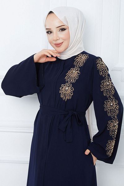 Tesettür Dünyası Mâner Hijab Brodat cu Curea Ferace TSD240203 Bleumarin